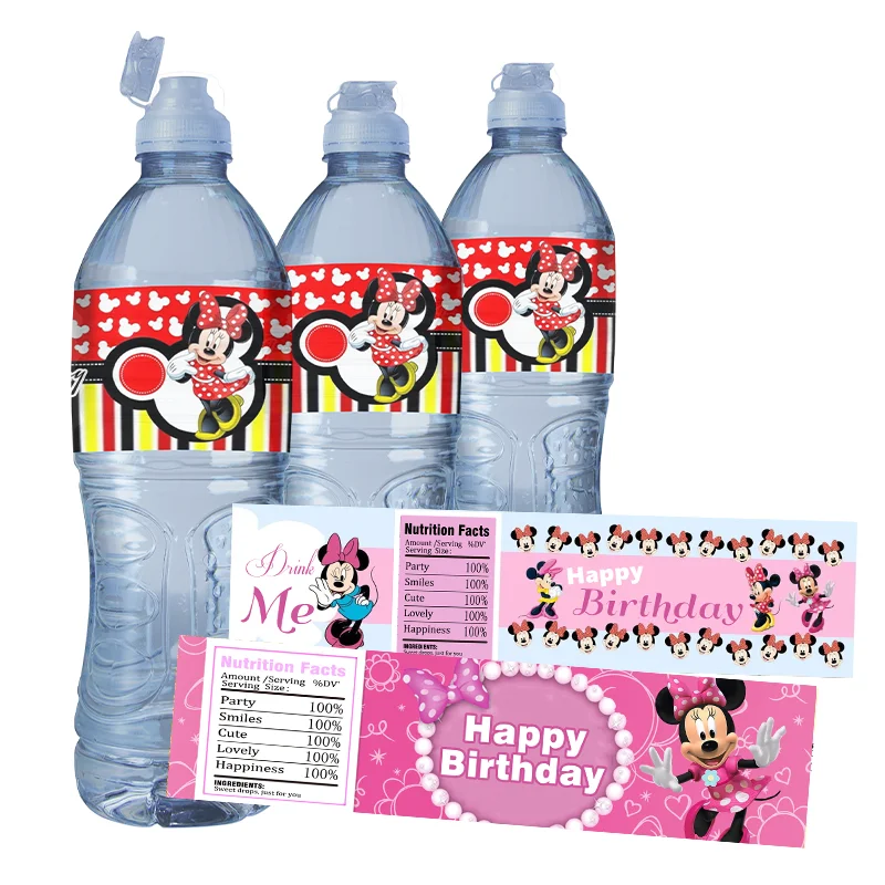 24pcs Disney Minnie Mouse Mineral Water Bottle Labels Happy Birthday Party Water Bottle Stickers Wrappers Decoration Supplies