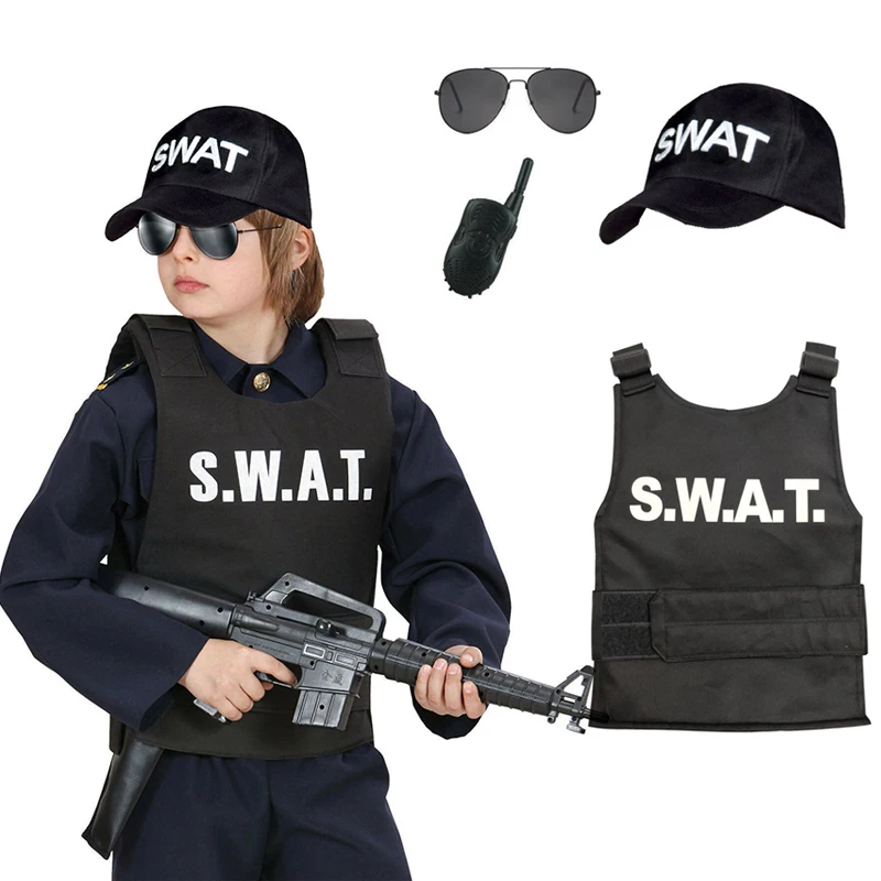 Swat الشرطة موحدة سترة مضادة للرصاص ملابس شرطي تأثيري هالوين ازياء الاطفال فستان بتصميم حالم Swat قبعة كرنفال مهرجان