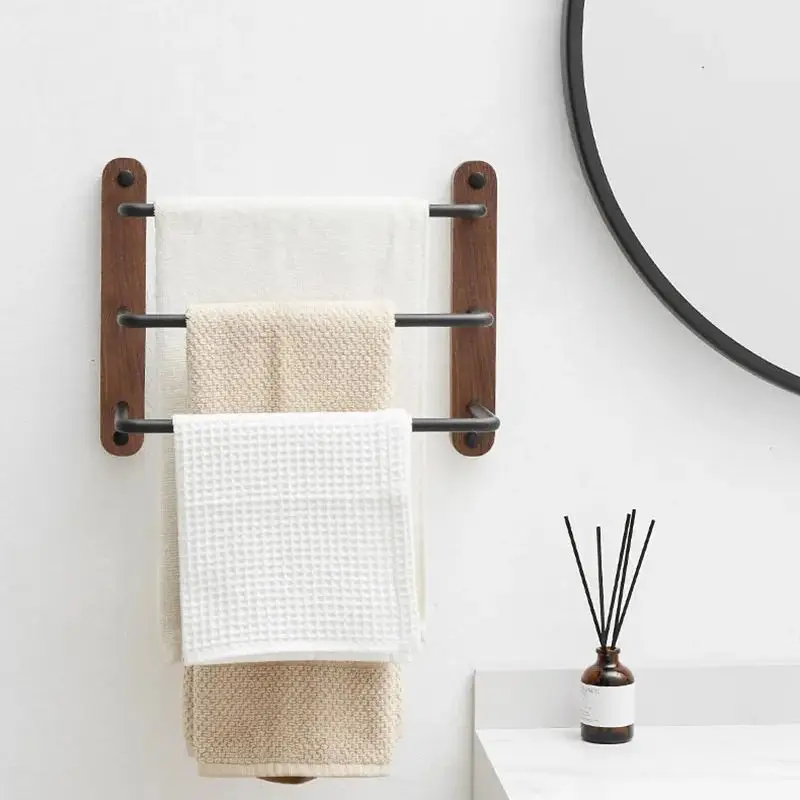 Walnut Bathroom Towel Bar Wall Mounted Towel Rack Black Aluminum Towel Hanger Toilet Towel Holder 30-50cm Multi Rod Hanger