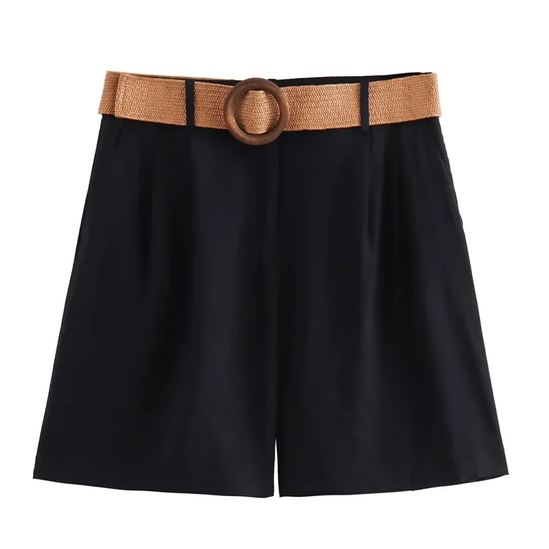 TRAF 2024 Womens Shorts Belt Pleated Short Pants Woman Summer High Waist Bermuda Shorts For Women Casual Baggy Black Shorts