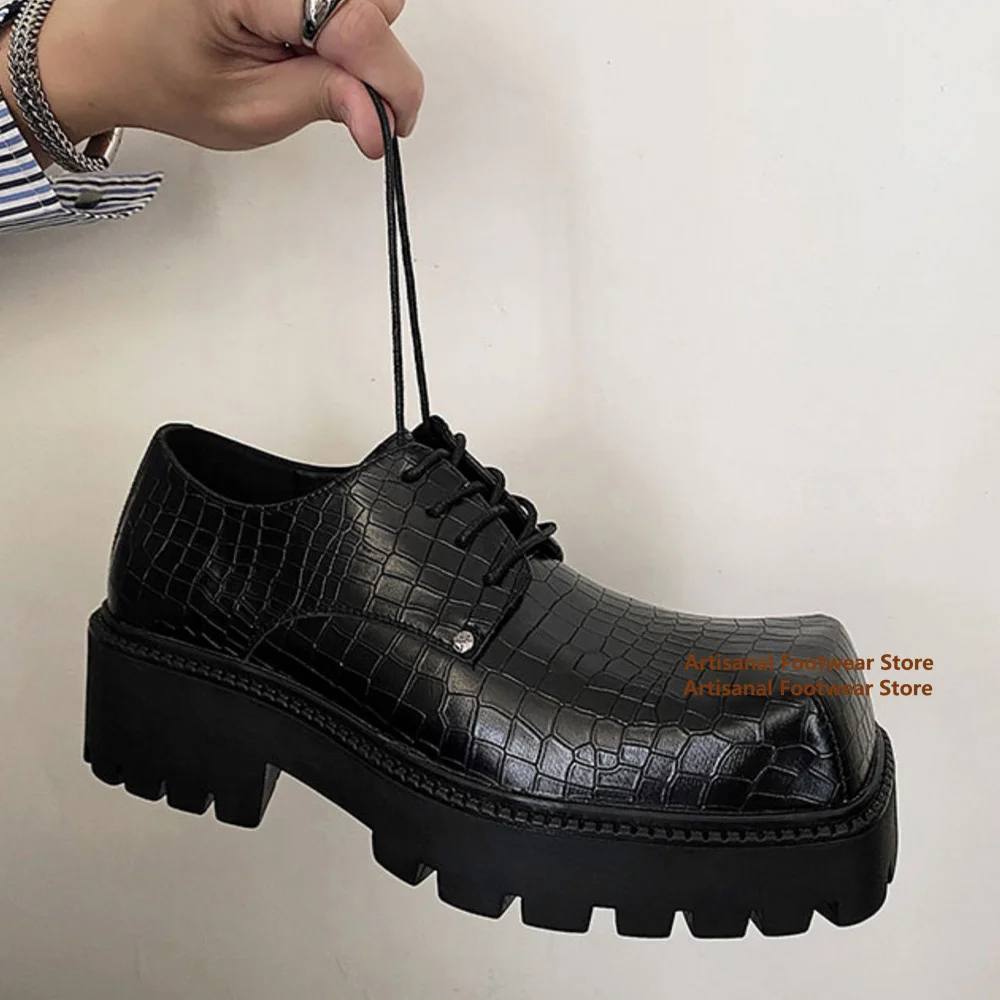 

Square Toe Crocodile Pattern Derby Shoes Thick Sole Lace-Up Casual Shoes Novelty Designer Trendy Men's Shoes New In Shoes