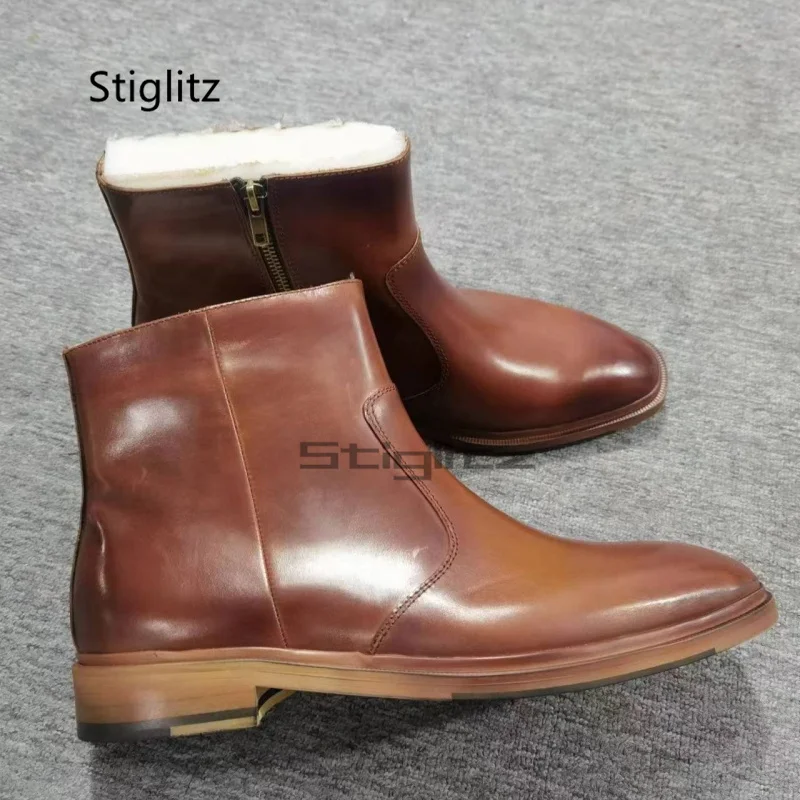 

Genuine Leathe Men's Boots Round Toe Zip Brown Ankle Boots High Quality Party Office Western Boots Spring Autumn Male Shoes