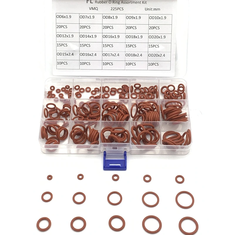 225pcs O Rings Red Silicone VMQ Seal Sealing O-Rings Silicon Washer Rubber Oring Set Assortment Kit Set Box Ring