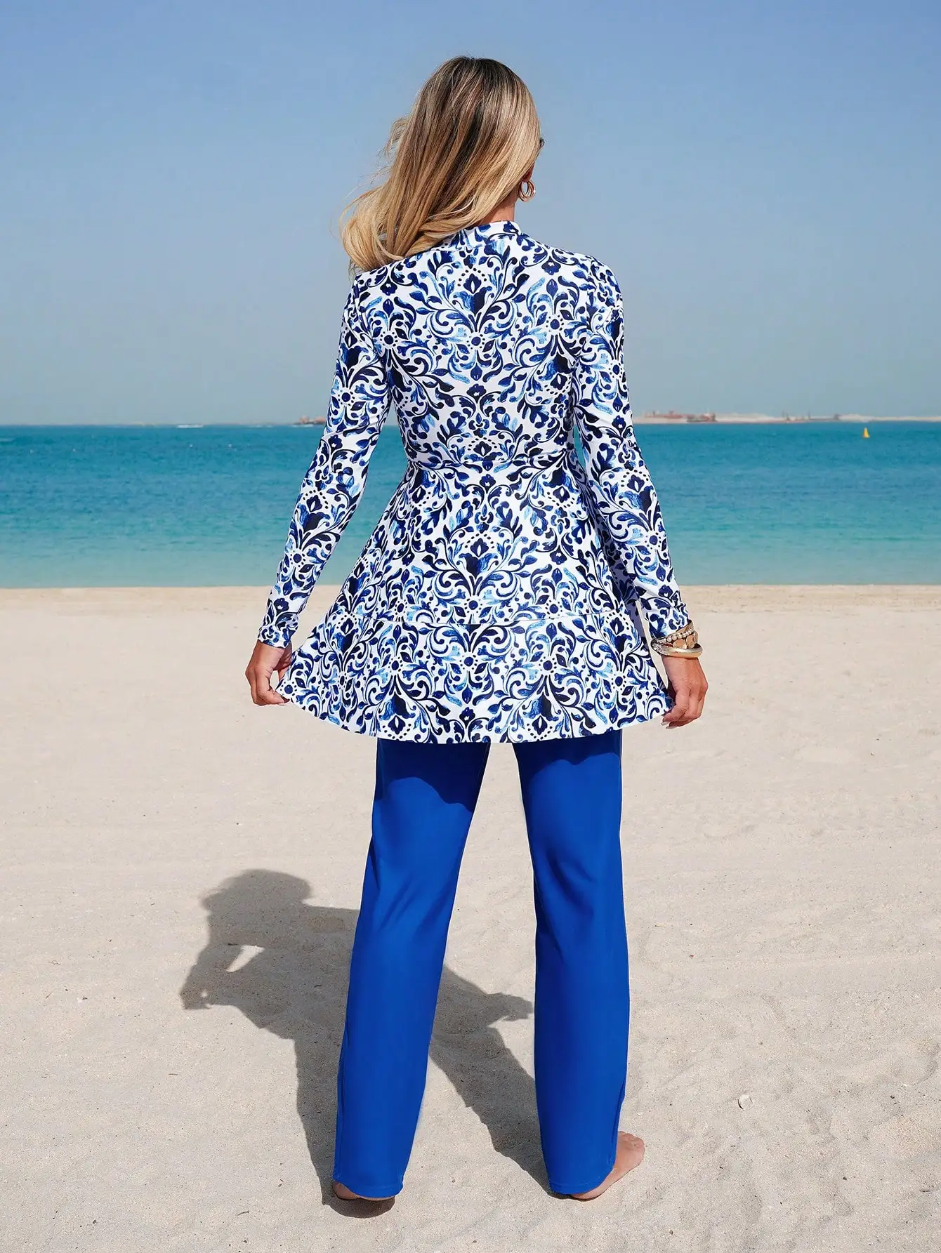 Elegant Blue And White Chinoiserie Print Peplum Jacket With Wide Leg Pants Two Piece Set For Beach Summer Holiday