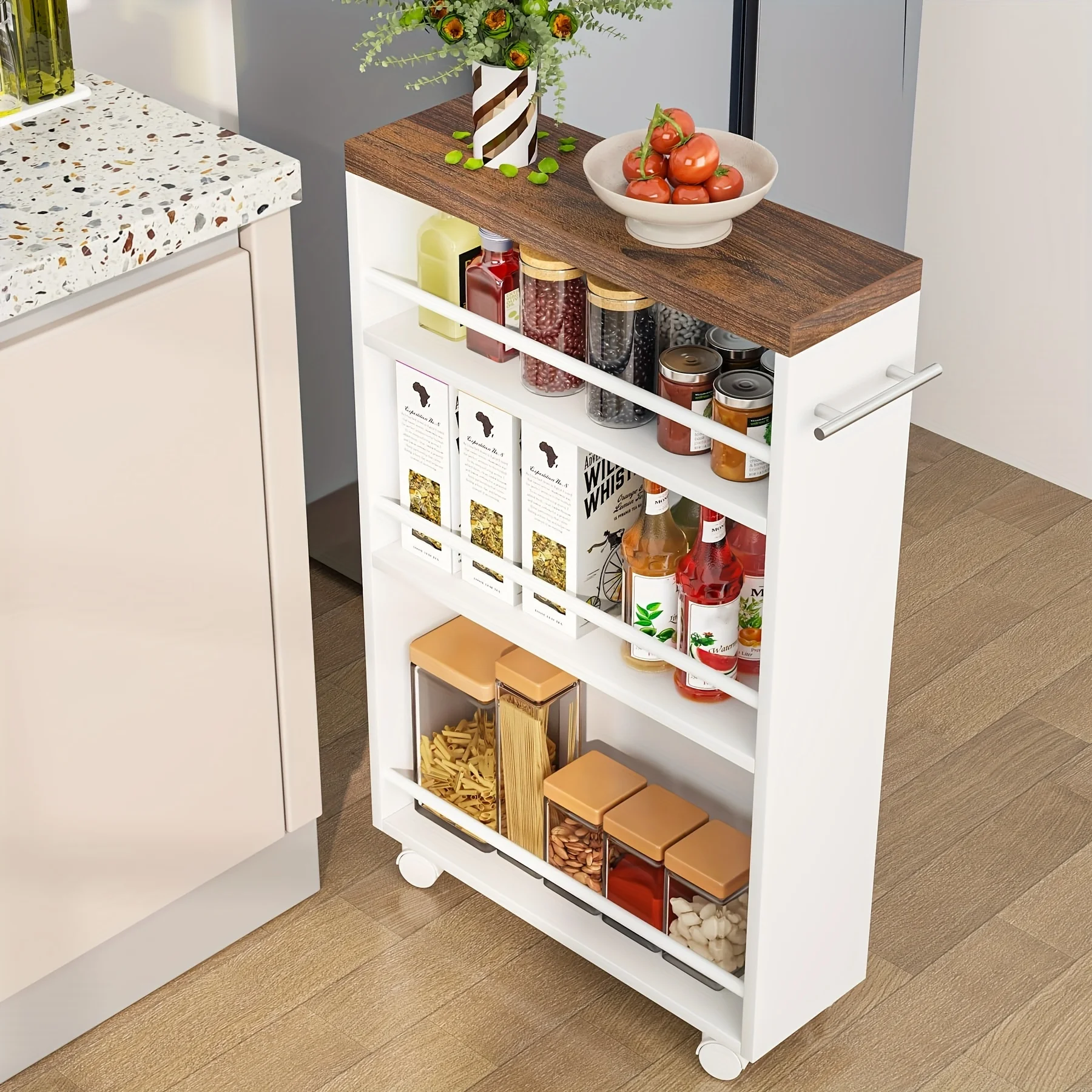 

4-Tier Slim Storage Cart - Rolling Narrow Kitchen Cart on Wheels for Small Spaces - Modern Skinny Laundry Cart with Handle