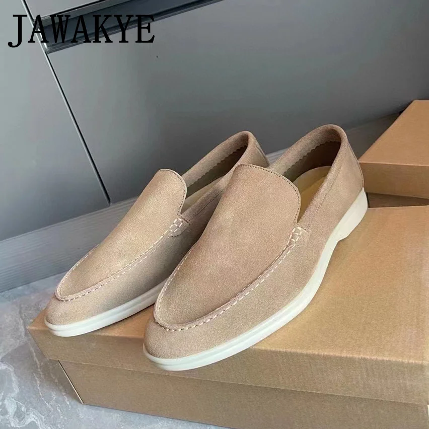 JAWAKYE mocassini piatti da uomo scarpe da passeggio estive scarpe Casual in pelle scamosciata suola in gomma bianca poco profonda muli Soft Slip on scarpe da uomo Low Top