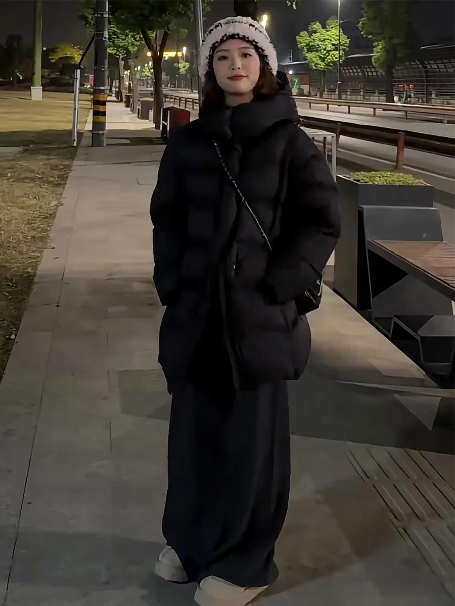 Koreanischer Damen-Langmantel mit Kapuze, Daunenjacke, Weiß, Warm, Dicker, Locker Geschnitten, Schwarz, für die Wintersaison