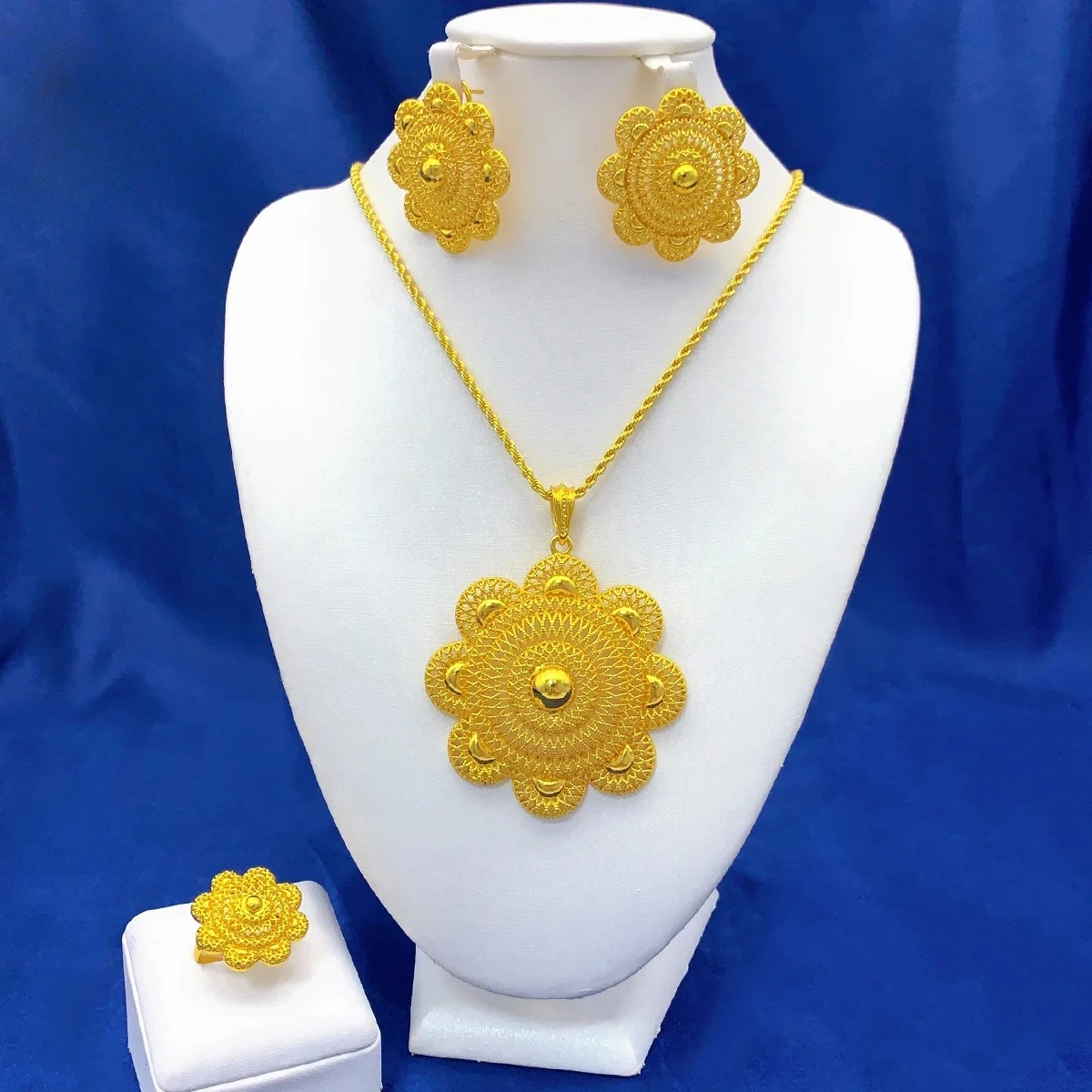 ANIID-Ensemble collier et boucles d'oreilles en or 24 carats pour femmes, ensemble de bijoux de mariage, fleur indienne de Dubaï, patients éthiopiens, documents de luxe