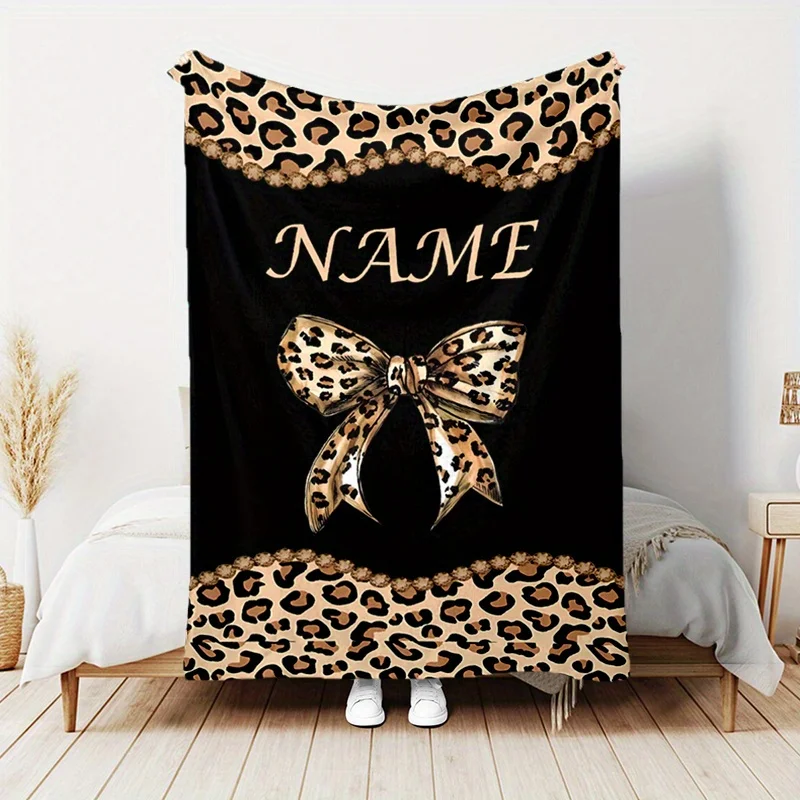 

Personalized customized name:Leopard print bow floral retro fleece blanket,digital print,suitable for all-season nap camping