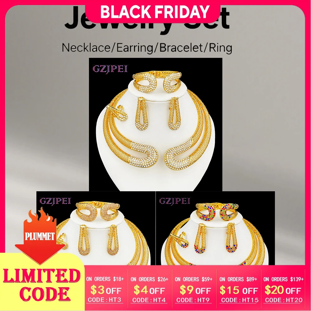 

GZJPEI Colorful Jewelry Set Exaggerated Statement Large Necklace Bracelet Earring Ring For Women Wedding Gift Seaside Beach Gift