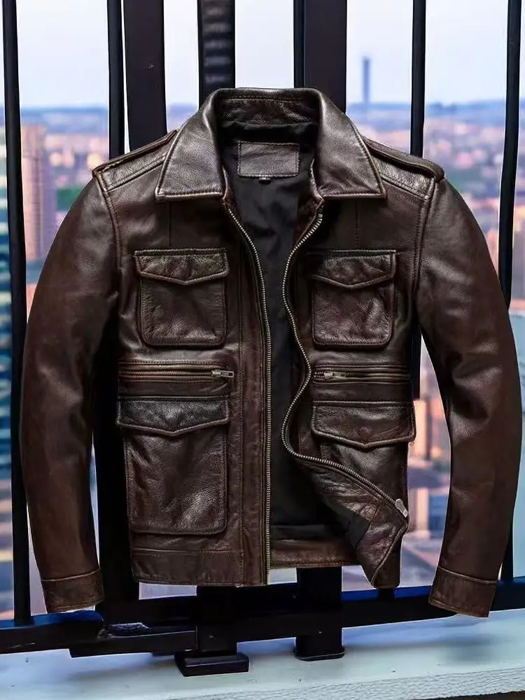 

Casual Faionable Men's Leather Jaet Retro Distred Slim Fit Autumn Winter New Sle Leisure Outerwear Stand Fit Long...