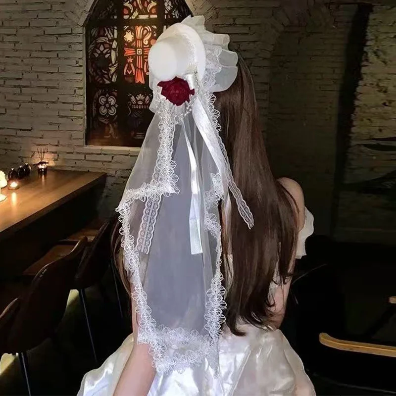 Готическая шифоновая роза, черно-белая женская шляпа в стиле ретро, темная цепочка для свадебной вечеринки, Хэллоуина, косплея, вампира, роскошная шляпа, модные вещи