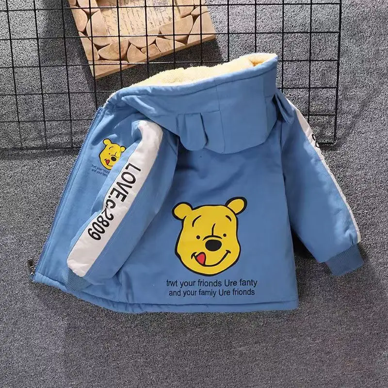 Winter Children Warm Coat Baby Girl Boy Winnie The Pooh Cute Cartoon Jacket Kids Thicken Keep Warm Cotton Hooded Outerwear 1-6Y