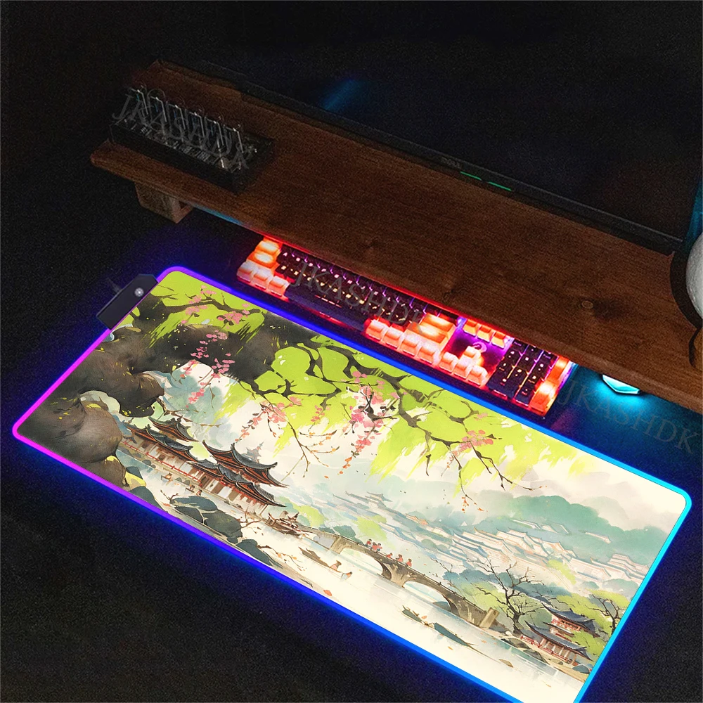Anime Landscape RGB Gaming Mouse Pad LED Light High Quality Colorful Desk Mat Carpet Rubber Padd Office Laptop Backlit Mouse Mat