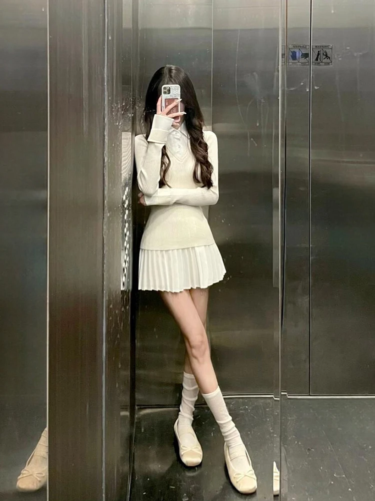 College Sle Base Layer Dr Set Gonna top lavorata a maglia design da donna f-lunghezza Autunno Gonna a trapezio a vita alta Lunga Sve