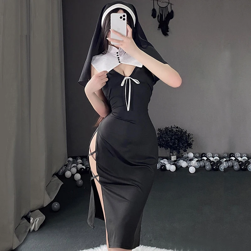 Sexy Nun Cosplay Halloween Girl Costume Kawaii Erotic Clothing New Anime Goth RolePlay Outfit Woman Vintage High Slit Dress Suit