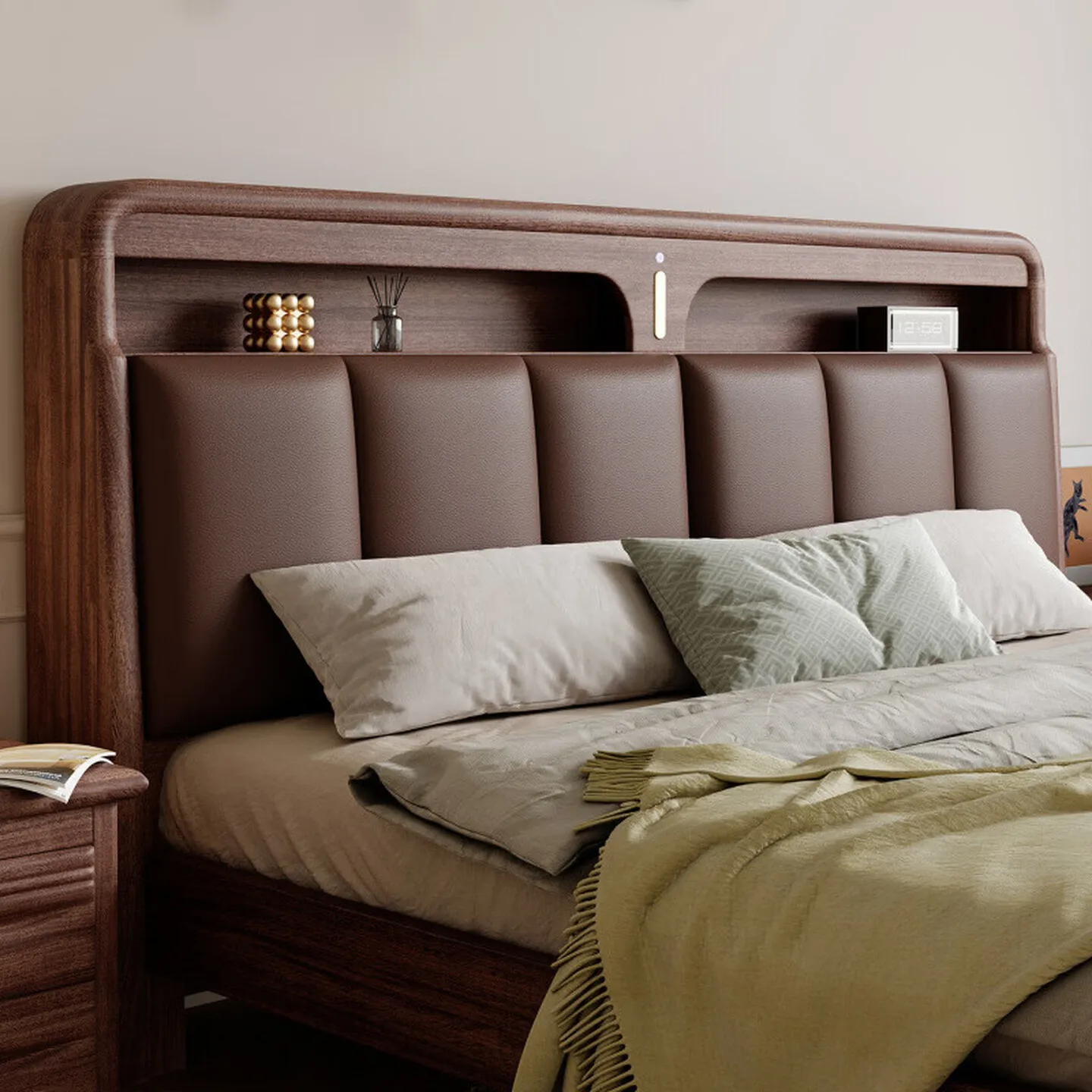 Solid wood bed Walnut bed 1.8 meters double bed Master bedroom 2 meters x 2 meters 2 double beds New Chinese style 2025 New