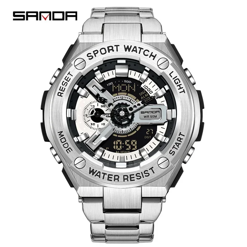 SANDA 3170  Alarm Clock Men\'s Watch Digital Wristwatches New Handlift Light Multi functional Sports Waterproof and Shockproof