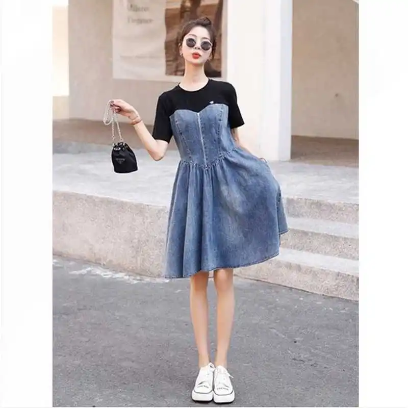 

MDLong Women's Summer New Sle ort SVE Denim Dr Princ Sle A-Line Skirt Five-Quarter Sve round Ne Ciwalk