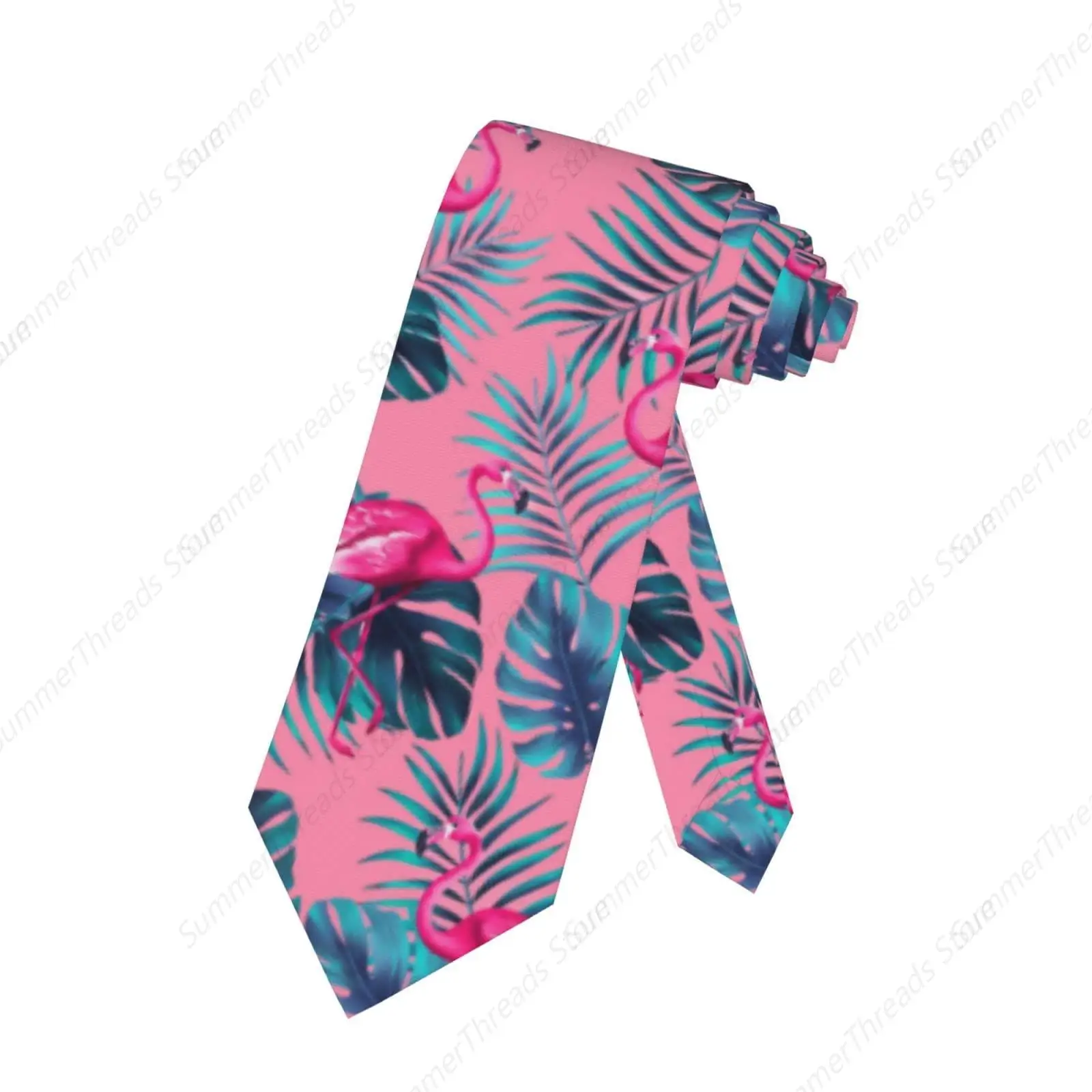 Funky Flamingo Ties for Men Boys Teens, Pink Flamingos and Exotic Leaves Necktie Skinny Neckties for Daily Party Wedding Holiday