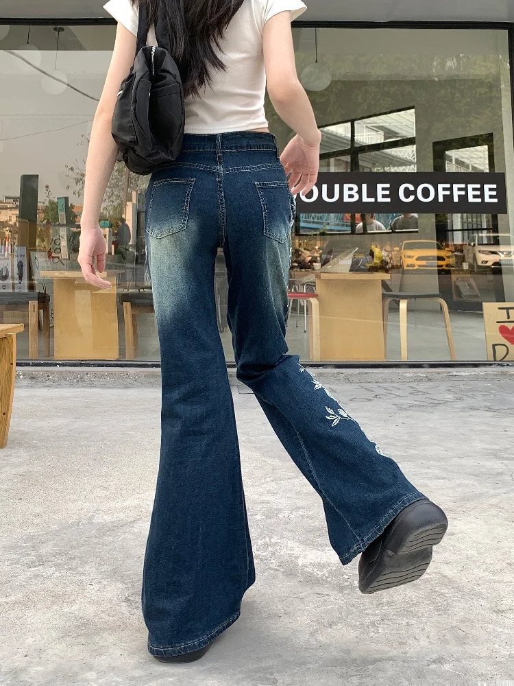 2025 Cyber Y2K Mode Blume Stickerei Vintage Blau Slim Flare Jeans Hosen Für Frauen Kleidung Dame Denim Hosen Ropa Mujer