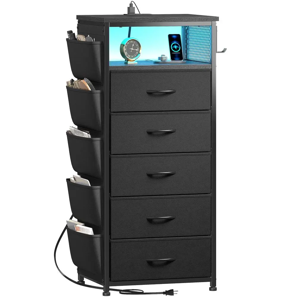 

Night Stand with 5 Drawers, Black Dresser with Charging Station and LED Light, Tall Nightstand with Extra Side Bag amp Hooks, B