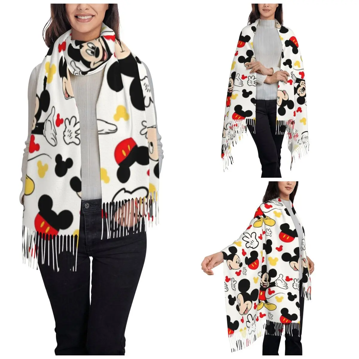 Mickey Mouse Cartoon Cute Scarf for Women Warm Winter Cashmere Shawl Wrap Long Shawl Scarf Daily Wear