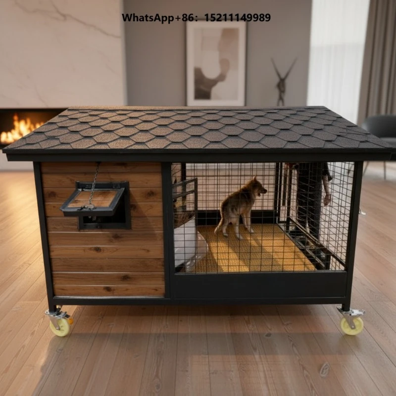Modern Wooden Pet House Rotating Feeding Bowl Built-in Door Insulated Double-Window Waterproof Easy Clean Partitioned Living