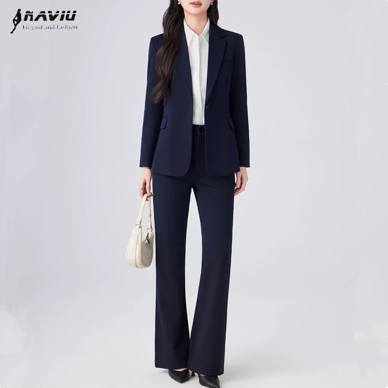 

NAVIU Gray Black Blue Women's Pant Suit Long Sleeve Solid Ladies Blazer And Trouser Formal 2 Piece Set For Autumn Spring New