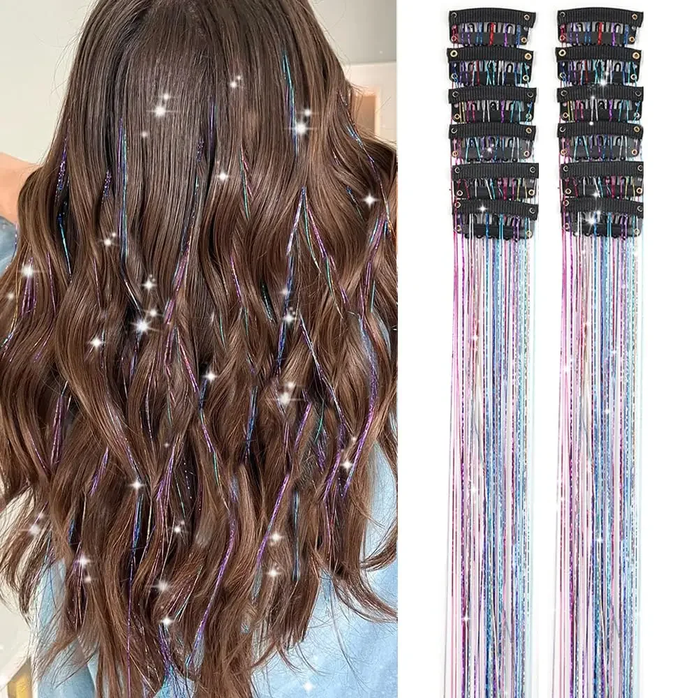 

Hair Tinsel Pack of 12Pcs Clip in Hair Tinsel 20 Inch Colorful Glitter Tinsel Hair Extensions Tinsel Fairy Hair Party Dazzle Kit