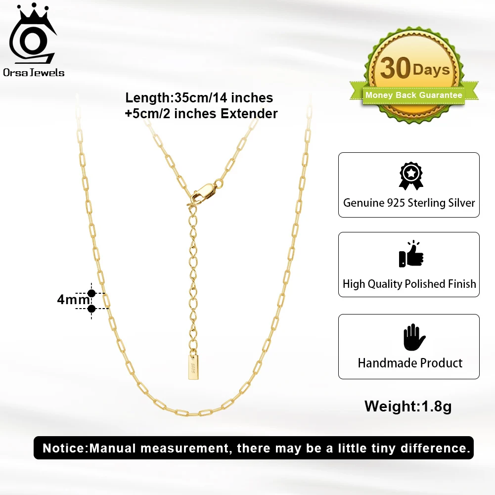 ORSA JEWELS 925 Sterling Silver Paperclip Chain Necklace for Women 14K Gold Plated Chain Necklace Girl Birthday Party Gift SC64