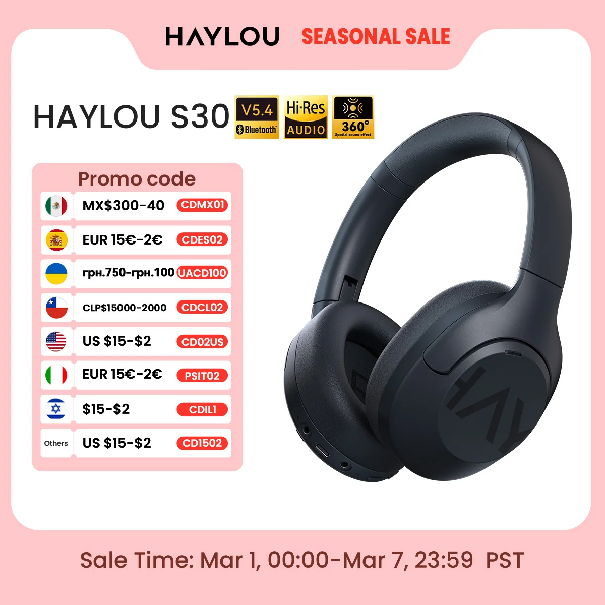 

HAYLOU S30 Беспроводные наушники Bluetooth 5,4 43 дБ Адаптивные гарнитуры с шумоподавлением 40 мм Драйвер 80 часов Наушники для воспроизведения
