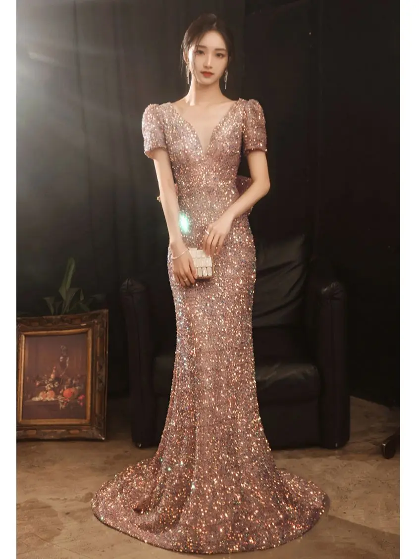 Pailletten-Abendkleid Feminine Backless Großen Bogen Gold Meerjungfrau Kurzarm Bodenlangen Engagement Gonws Für 2022 Frauen