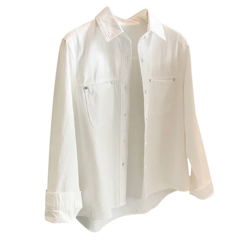 2026 Spring New Style Cream Yellow Cotton Long-Sleeve Women's Shirt, Loose Fit, Versatile For Commuting, Sun-Protective,
