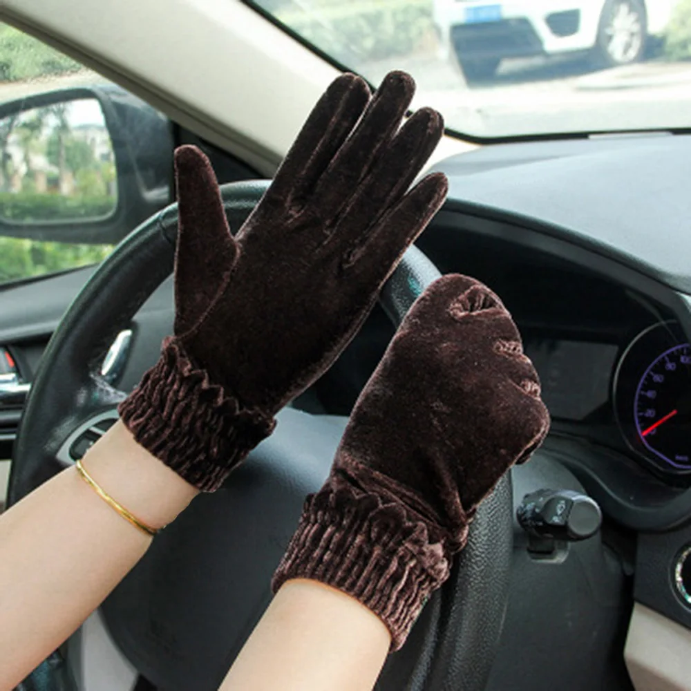 Cycling Outdoor Warm Autumn Women Solid Gold Velvet Gloves Elastic Driving Gloves Full Finger Mittens