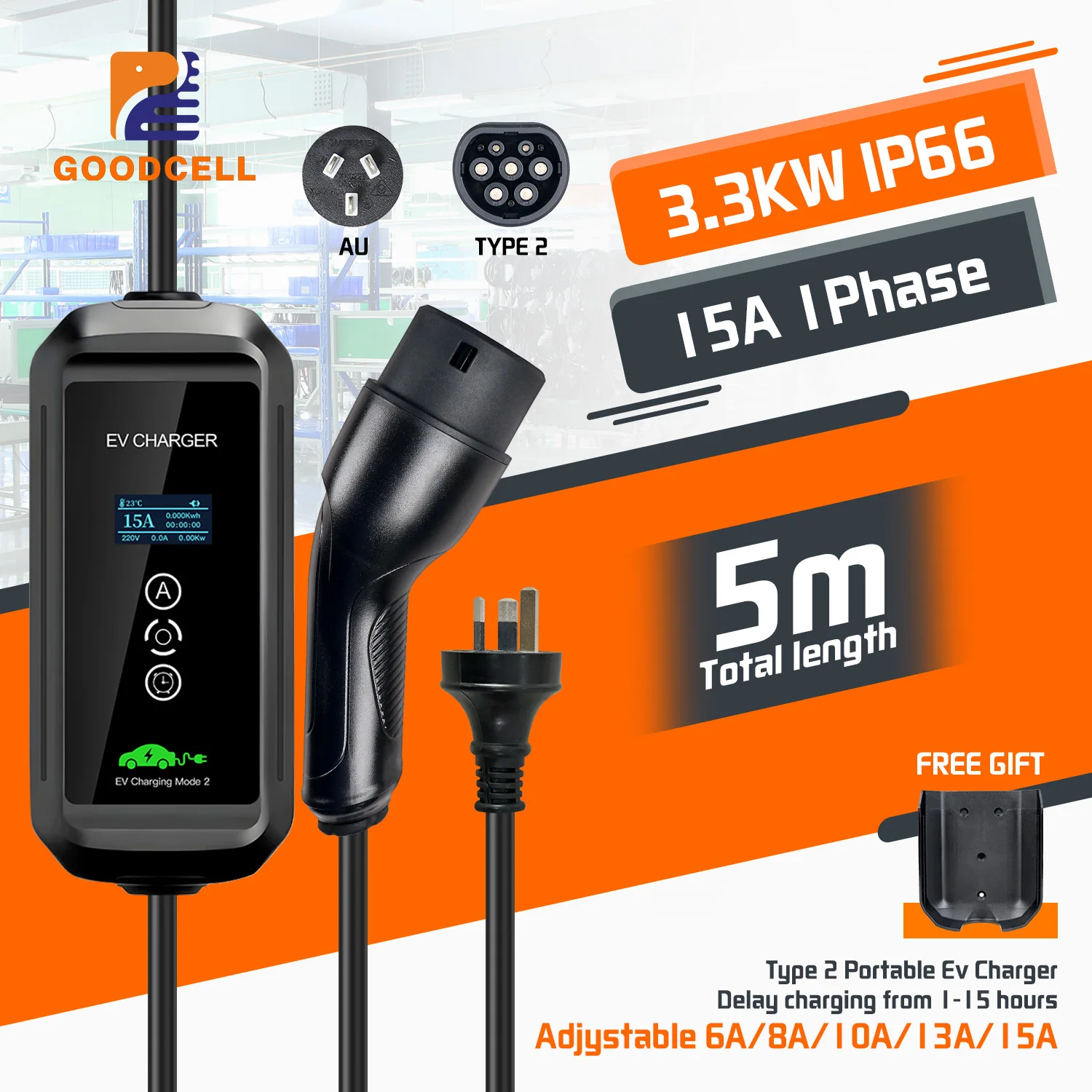 

GOODCELL Type2 6/8/10/13/15A Adjustable 3.3kw AU NZ plug EV Charger EVSE Car Home Charging Portable Use for Charge Plug IP 66
