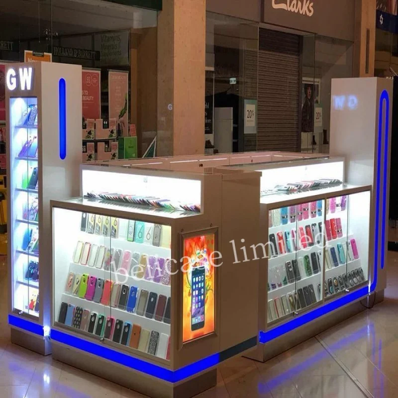 Custom, Mobile Phone Shop Fitting Showcase Cellphone Accessories Display Counter Retail Glass Mall Kiosk Cell Phone Kiosk