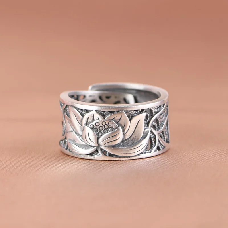 11mm Width Real Silver Retro Hollowed Lotus Buddhist Mind Sutra Open Ring For Man Woman Rings Fine Jewelry