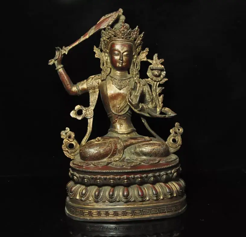 Tibet Buddhist Bronze gilt Holding a sword Tara Kwan-Yin GuanYin Goddess statue