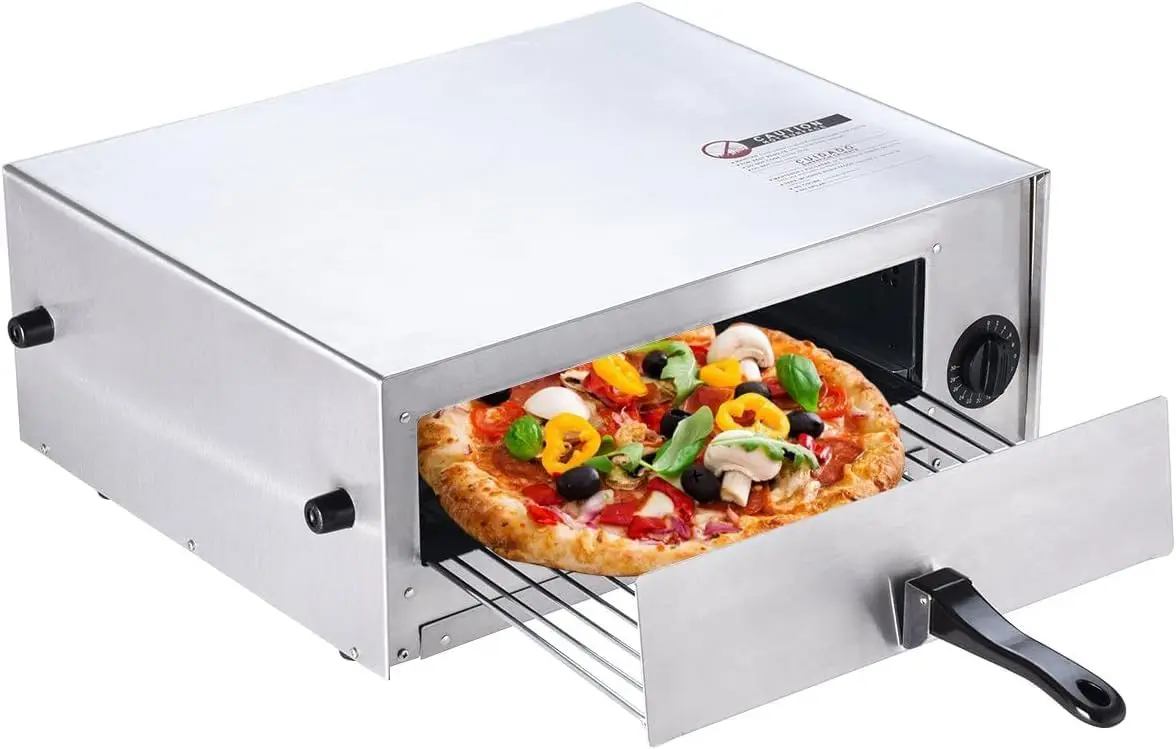 12 Inch Stainless Steel Countertop Electric Pizza Oven, 1450W Commercial Pizza Maker with Insulated Handle and Removable Baking