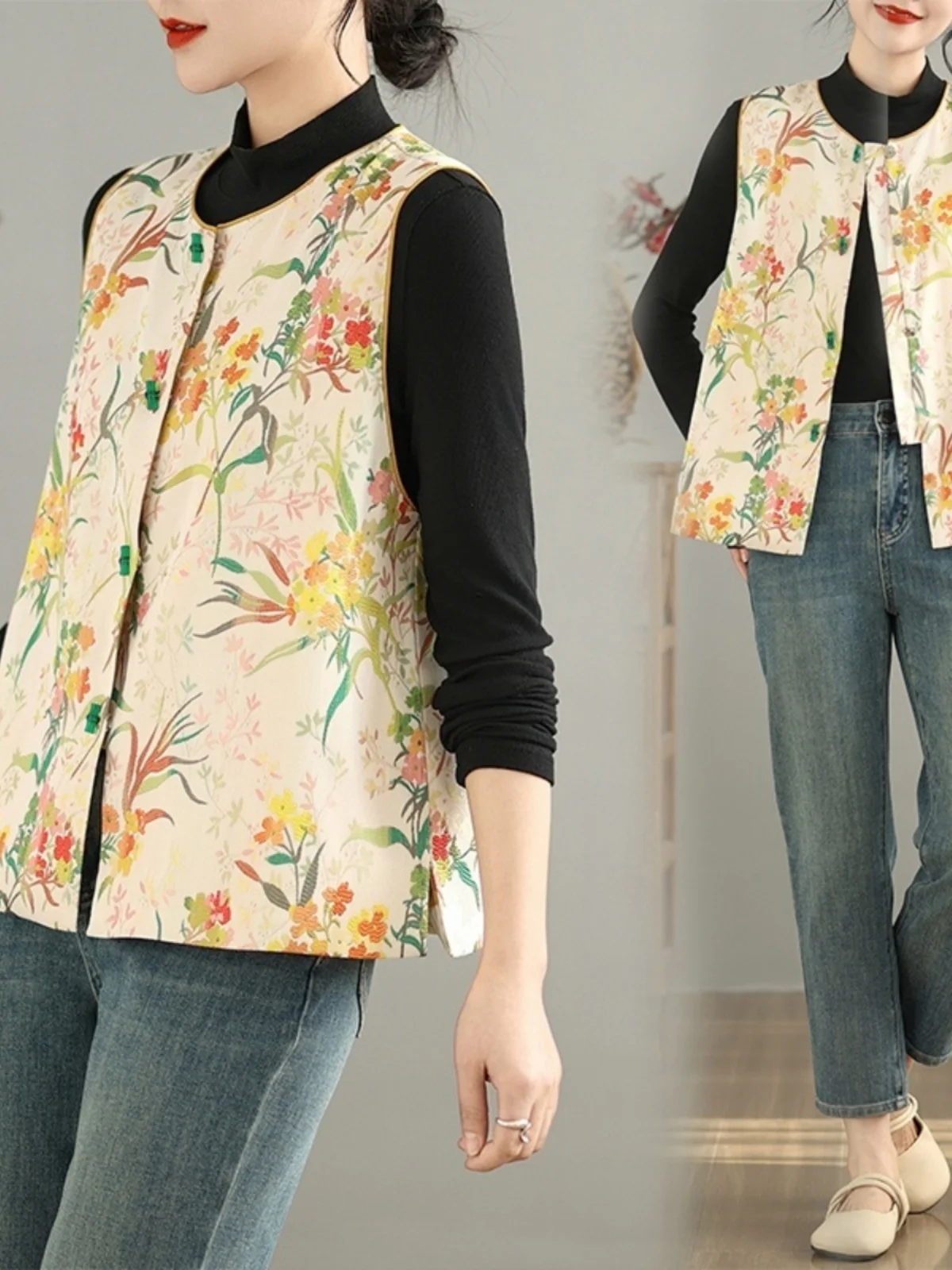 

New Chinese Sle Women's Svel Vest Open Cardigan Button Embroidered Loose Fit Daily Wear Spring Season ape