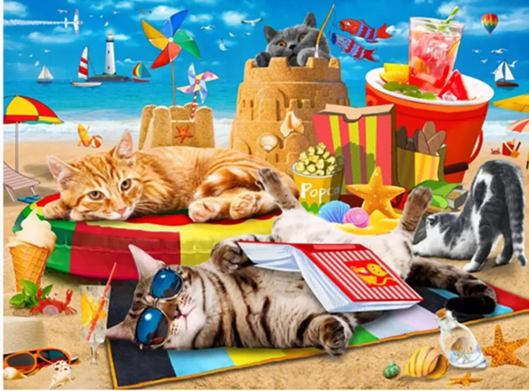 69*51cm Adult 1000 Pieces Paper Jigsaw Puzzle Beach Holiday Cat Cute Animals Paintings Stress Reducing Kids Educational Toys