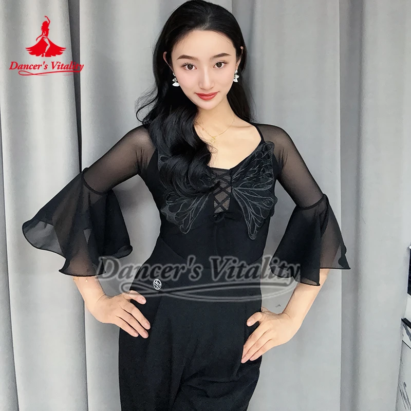 Demi-manches évasées pour entraînement de danse de salle de bal latine, hauts Style papillon noir comprenant un coussin de poitrine, vêtements d'entraînement de valse, Collocation