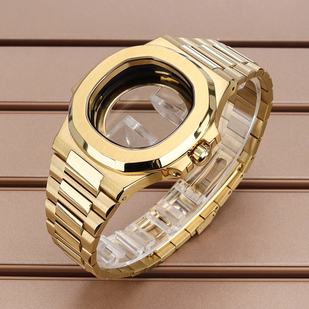 

40mm Gold Watch Case Sapphire Glass 316L Steel Bracelet Transparent Back For Nautilus NH34 NH35 NH36 NH38 4R36 Movt Repair Parts
