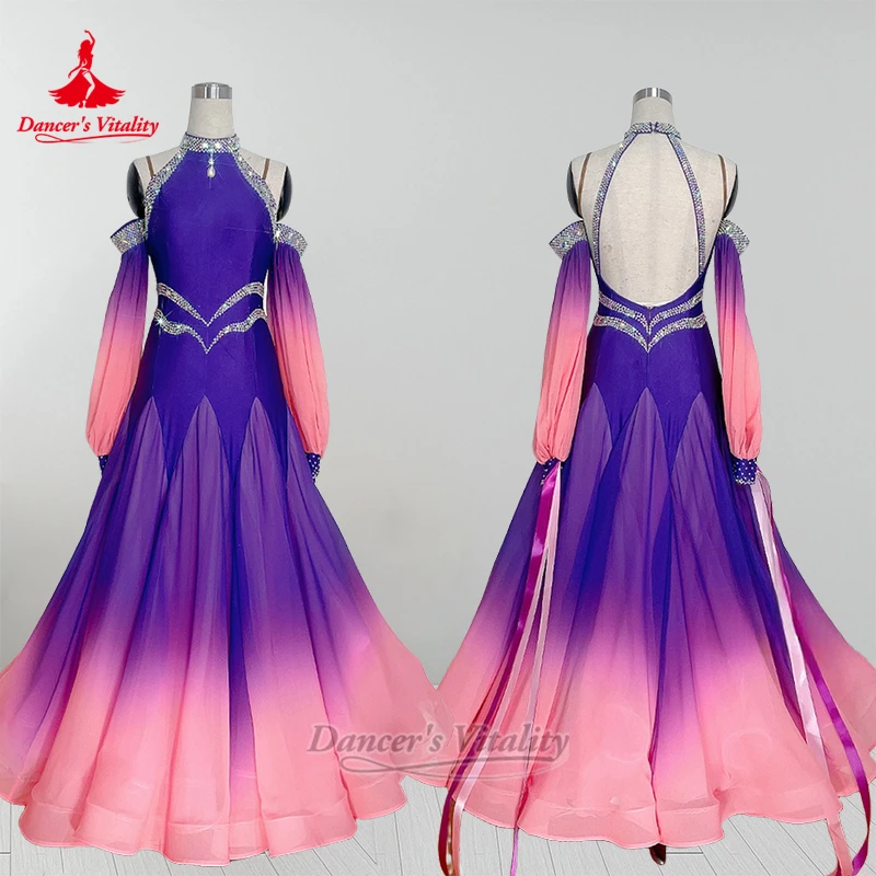 Erwachsene Foxtrot Rumba Walzer Hochgeschlossener Tau-Schulter Lila-Rosa Farbverlauf Perform anmutige Kleider Benutzerdefinierte Tänzerin Vitalität