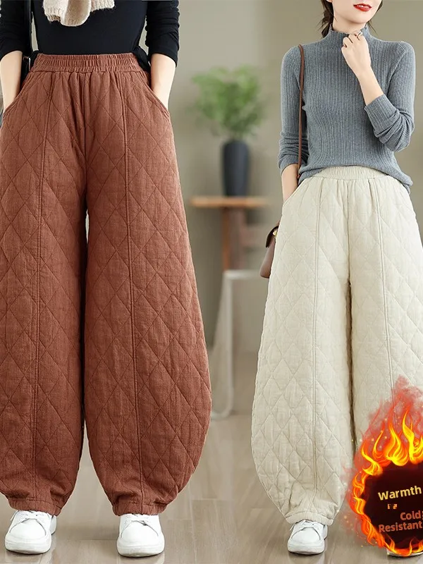 Women's Cotton Linen Thickened Winter Pants High Waist Straight Leg Warmth Lantern Pants Outerwear Casual High Waist