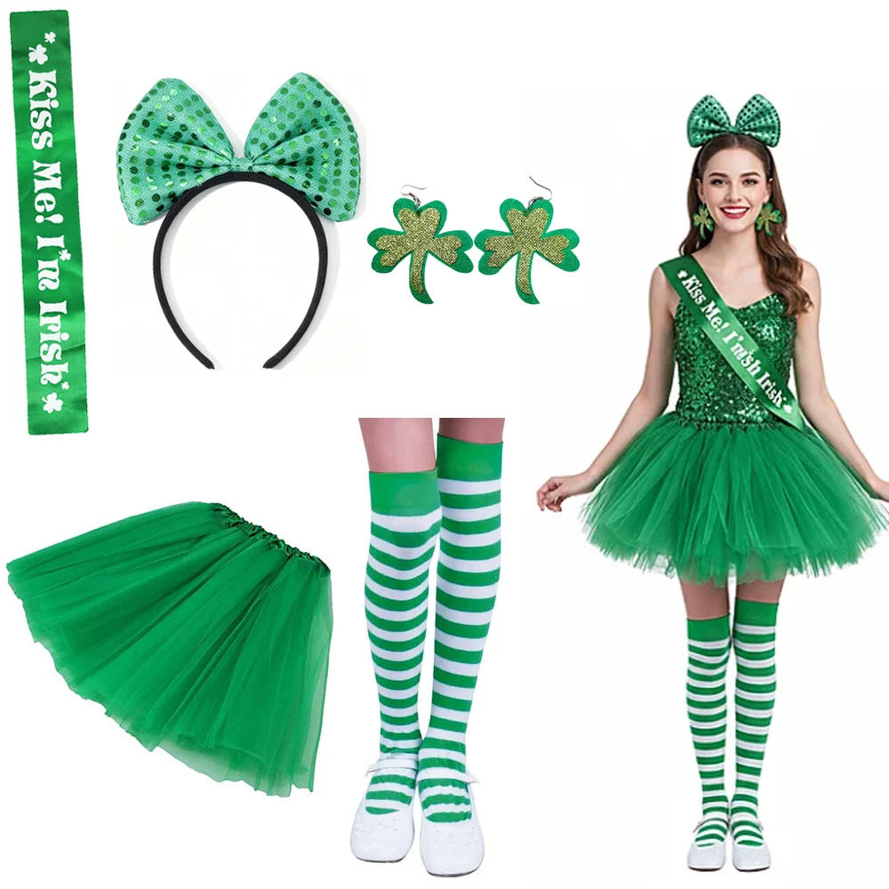 PESENAR ชุดเครื่องแต่งกายสีเขียววันเซนต์แพทริก ที่คาดผม ต่างหู กระโปรงตูตู ถุงเท้า อุปกรณ์เสริม