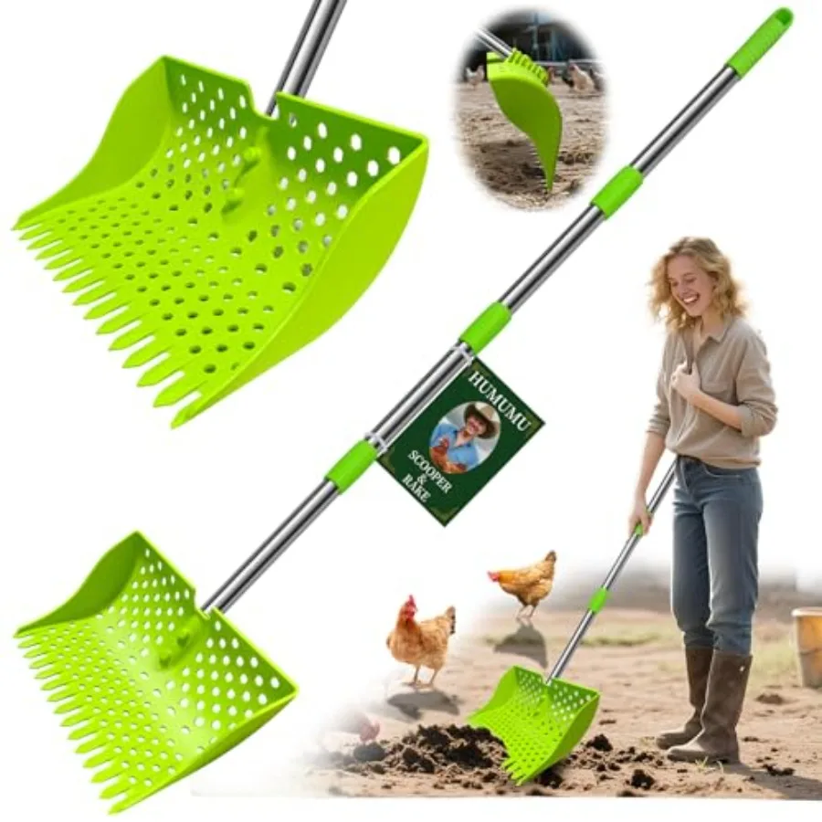 

12-Inch 2-in-1 Chicken Poop Scooper and Rake US Patent Pending 3-Shape Sifting Holes Chicken Coop Rake Stainl Steel Handle 20 6