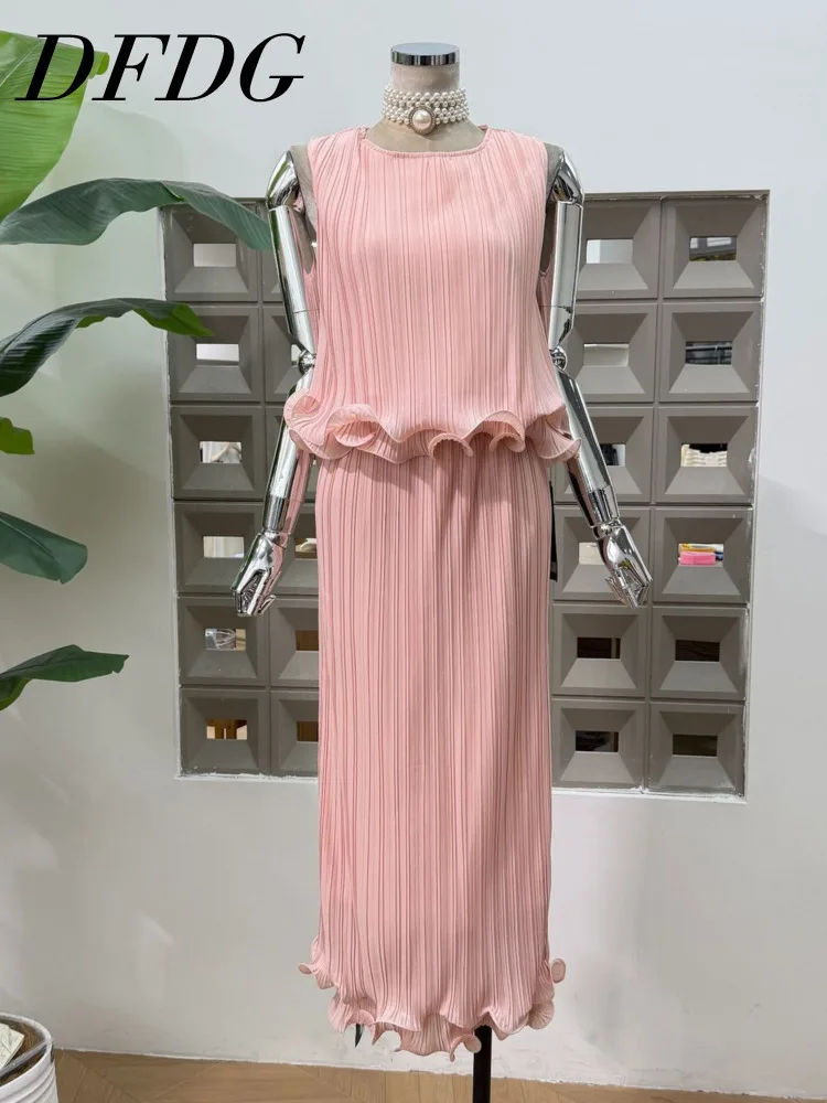 

DFDG Women 2026 Spring Summer Two Piece Outfit Pleated Fabric Ruffle Sleeveless Top Midi Skirt Set Elegant Casual Vacation Set
