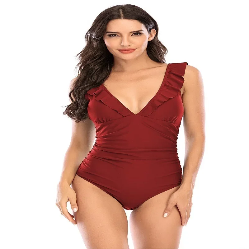 

New One-piece Swimsuit Female Push Up Swimwear Sexy Bikini Sets V-Neck Ruffle Criss Cross Back Beach Vacation Style Bathing Suit